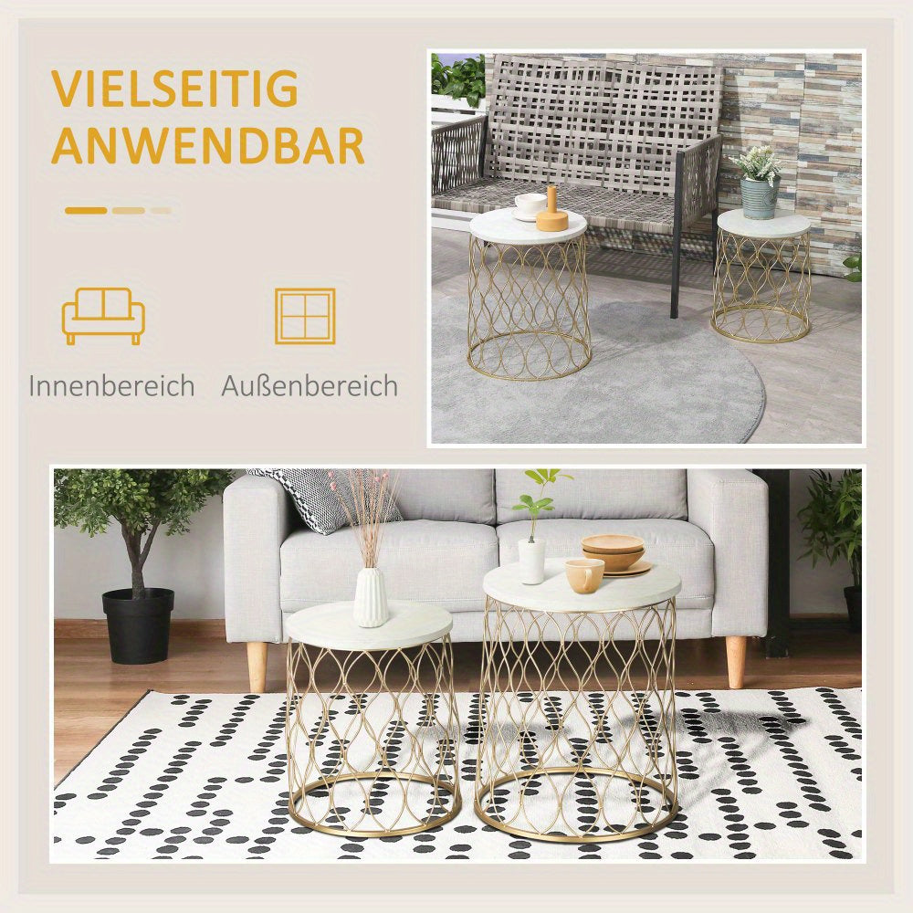 Tuintafel – Bijzettafel – Buitentafel – Balkon tafel – Nesting tafel – Retro Wire Basket Design – Set Van 2 – Metaal Goud Wit – Ruimtebesparend & Weerbestendig