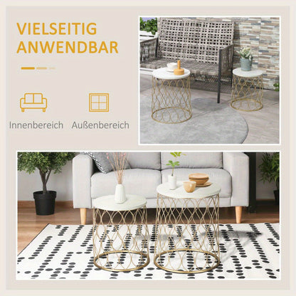 Tuintafel – Bijzettafel – Buitentafel – Balkon tafel – Nesting tafel – Retro Wire Basket Design – Set Van 2 – Metaal Goud Wit – Ruimtebesparend & Weerbestendig