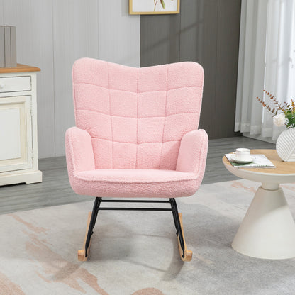 Schommelstoel – Relaxstoel – Rocking Chair – Armstoel – Retro Fauteuil – Massief Houten Frame – Zachte Roze Bekleding – 98x71x101 cm