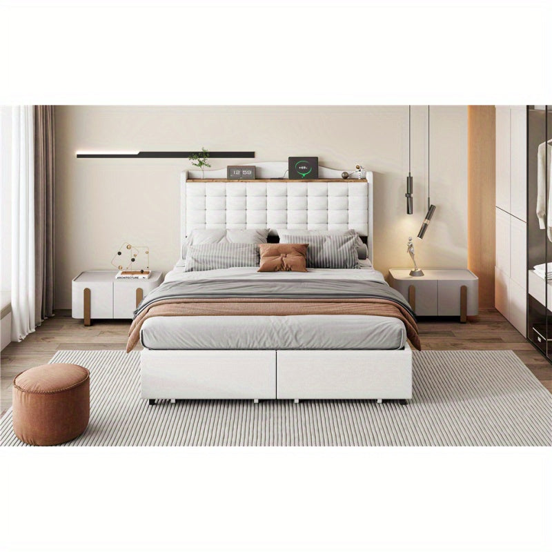 Tweepersoonsbed – Gestoffeerd Bed – Opbergbed – Slaapbed – Bedframe – 140x200 cm – Linnen Bekleding Beige – Inclusief Nachtkastje Met Laadfunctie