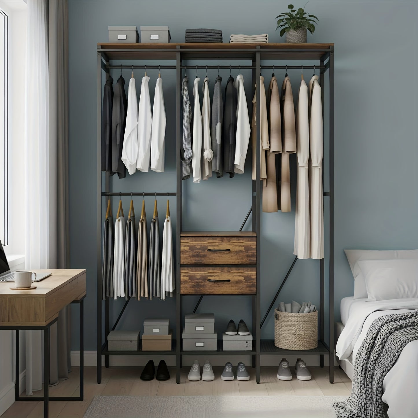 Heavy Duty Kledingrek – Kledingstandaard – Garderoberek – Kledingwagen – Kast Organizer – Met Stofbestendige Gordijn En Laden – Industrieel Design 149,5x50x214 cm