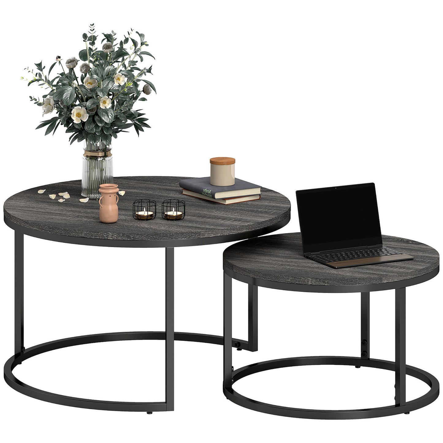 Bijzettafel – Salontafel – Sidetable – Nachtkastje – Banktafel – Set van 2 Ronde Tafels – Marmerlook MDF Blad – Zwart Metalen Frame