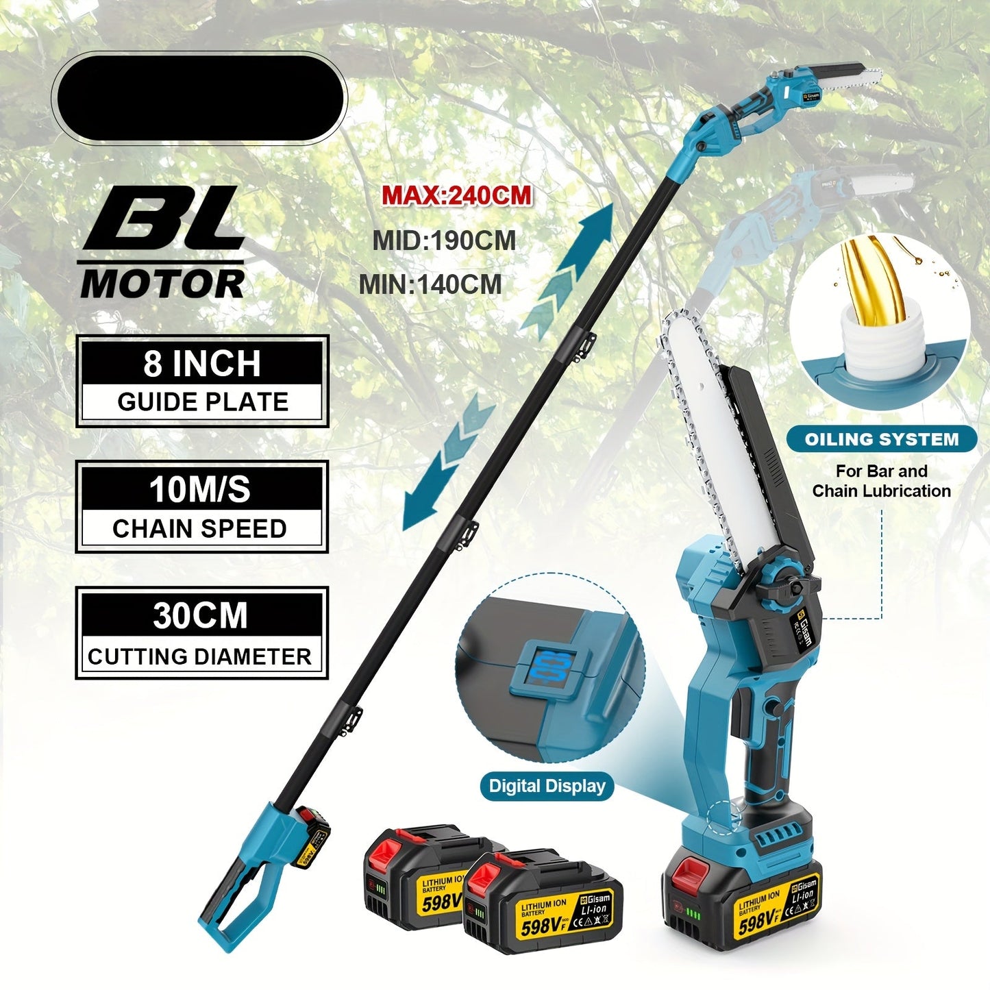Elektrische Kettingzaag – Snoeizaag – Telescoopzaag – Takkenzaag – Accukettingzaag – 2-in-1 Telescopische Steel 240 cm – Brushless Motor – 4000mAh Oplaadbare Batterij