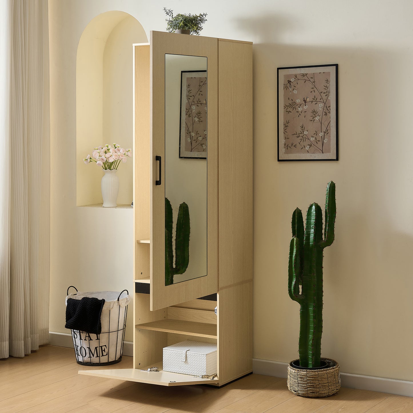 BTM Slim Wardrobe Cabinet with Mirror Door and Extendable Clothes Rail, High Cabinet in Wood Look with Shelves and Folding Compartment, Modern Hallway Cabinet for Entryway, Bedroom, Apartment, 54×34.5×179.5 cm