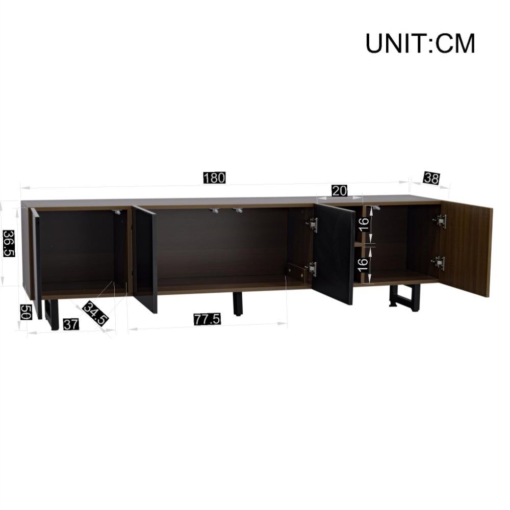 Tv-meubel – TV-kast – TV-stand – Mediamöbel – Vierdeurs Meubel – Uniek Design – Lage TV Montage – 180x38x50 cm – Zonder Elektriciteit