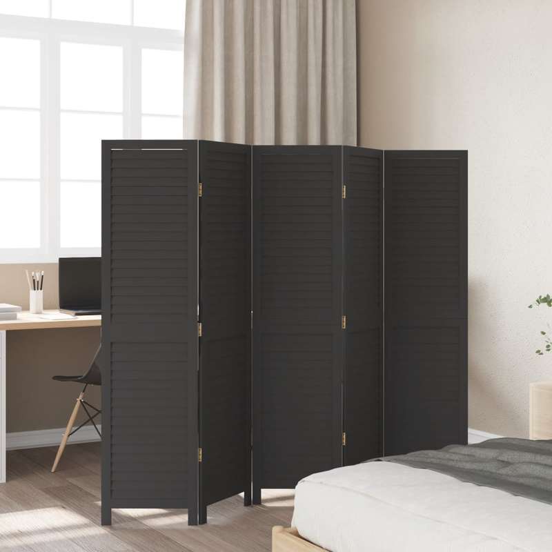 Room Divider with 5 Panels Made of Solid Black Paulownia Wood