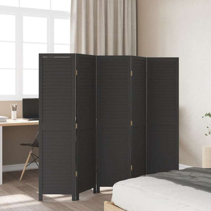 Room Divider with 5 Panels Made of Solid Black Paulownia Wood