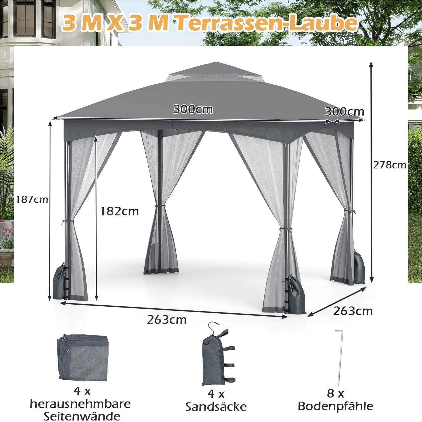 3 x 3 m Garden Gazebo with 4 Sandbags & 4 Mosquito Nets & Double Roof, Waterproof & Sturdy & Winterproof, Garden Tent with Hooks, Party Tent for Terrace & Garden (Gray)