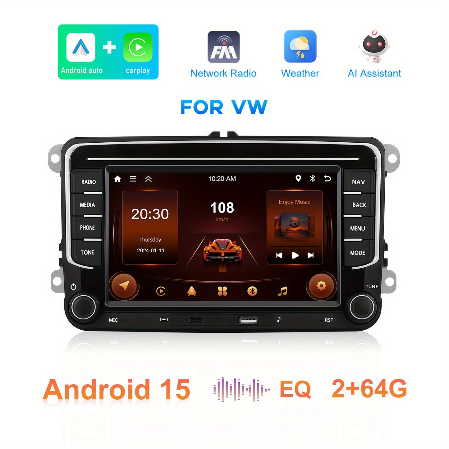 Android 13 Car Stereo – Autoradio – Multimedia Systeem – GPS Navigatie – Touchscreen Radio – Draadloze CarPlay & Android Auto – 7 Inch Scherm – 64GB ROM & 2GB RAM – Inclusief AHD Camera en Microfoon