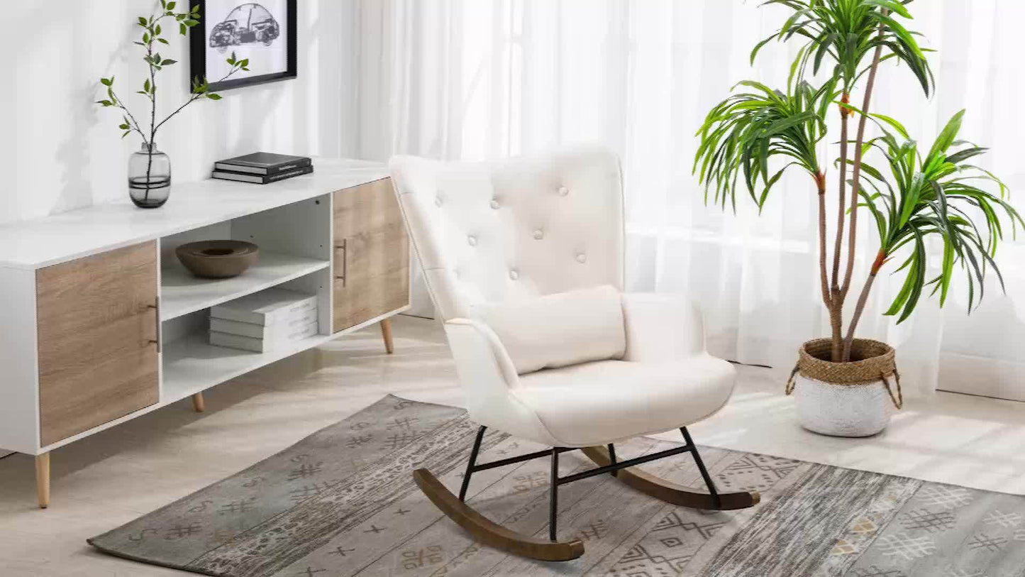 Schommelstoel – Relaxstoel – Fauteuil – Loungestoel – Schommelfauteuil – Scandinavisch Design – Fluwelen Bekleding – Met Metalen Frame en Houten Basis – Vintage Beige – Comfortabele Zitting