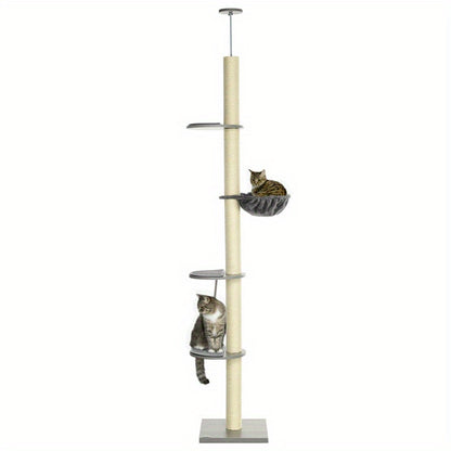 Krabpaal – Kattenkrabpaal – Kattenboom – Krabmeubel – Kattentoren – Verstelbaar tot 250 cm – Stevige Houten Basis – Hangmat – Sisal Kraboppervlakken – Grijs