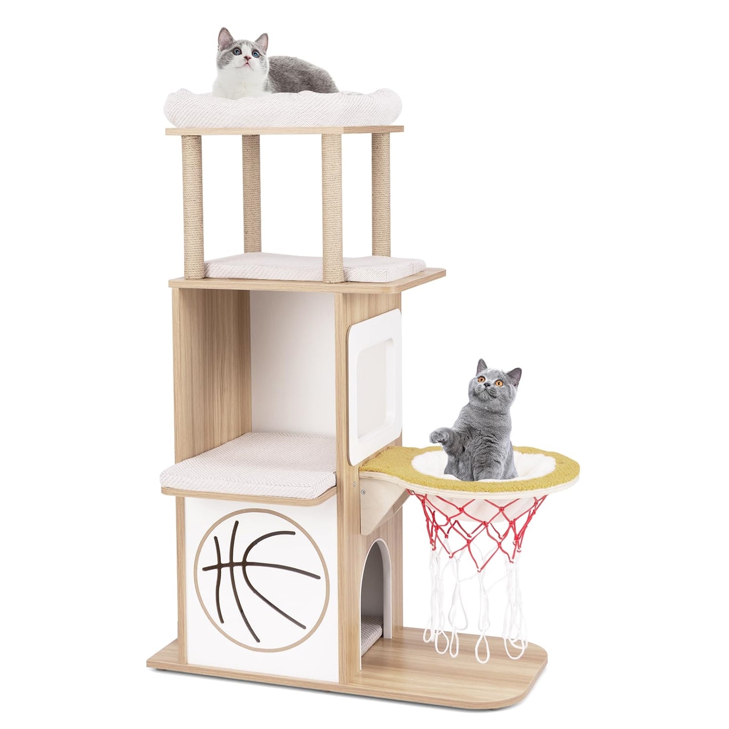 Krabpaal – Kattenboom – Kattenmeubel – Krabton – Krabhuis – 120 cm Hoog – Houten Structuur Met Hangmat Basketbal Design