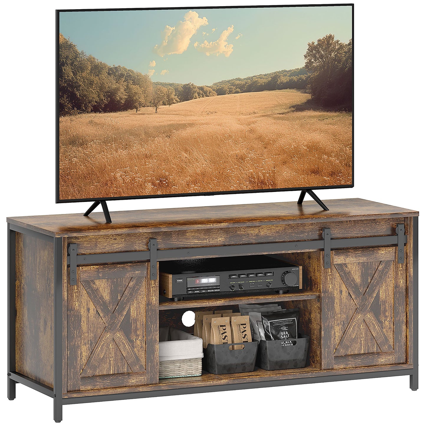 tv meubel – tv kast – tv dressoir – lowboard – mediameubel – Industriële stijl – 120x40x54 cm – Geschikt voor tv’s tot 60 inch – Massief hout met metalen frame