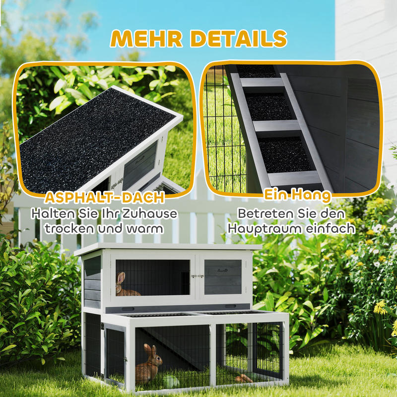Konijnenhok – Knaagdierverblijf – Cavia Ren – Bunny Cage – Kleine Huisdierkooi – 2-laags Houten Ren – Inklapbaar Dak – Winterbestendig Design – 122x95x93,5 cm