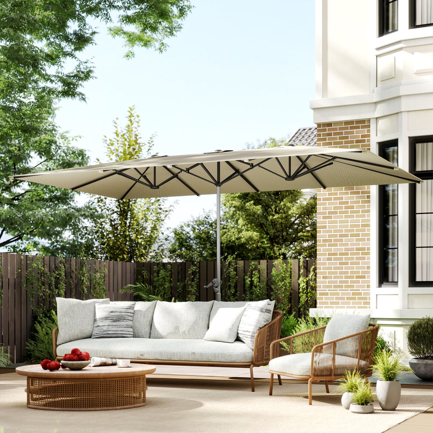 Dubbele Parasol – XXL Zonneparasol – Stokparasol – Terrasparasol – Buitenparasol – Cranksysteem – UV50+ Bescherming – 451x264 cm – Aluminium Frame – Crème Wit