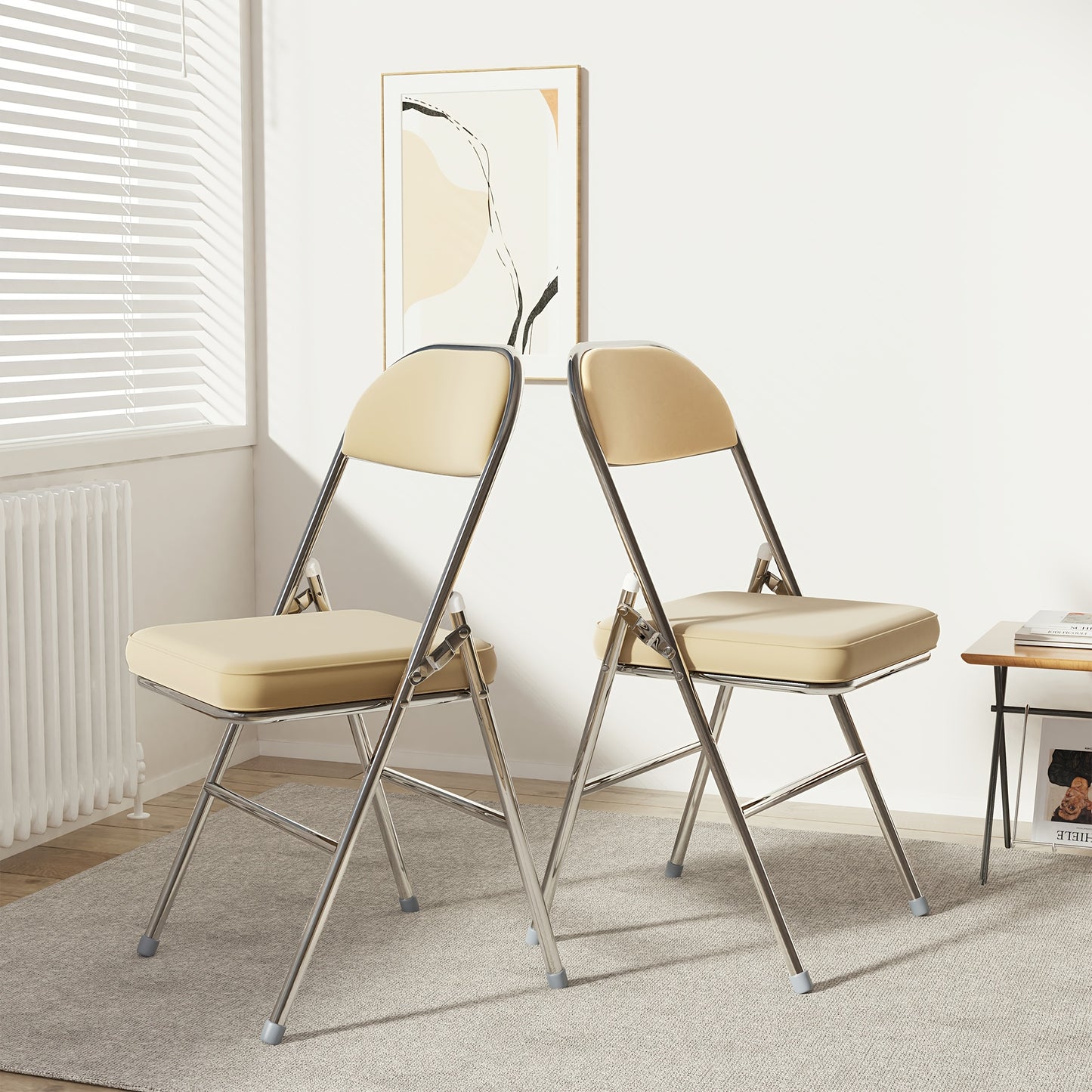 Opvouwbare Stoelen – Klapstoelen – Vouwstoelen – Campingstoelen – Eventstoelen – Set van 2 – Stevig Metalen Frame – Licht Beige PU Bekleding