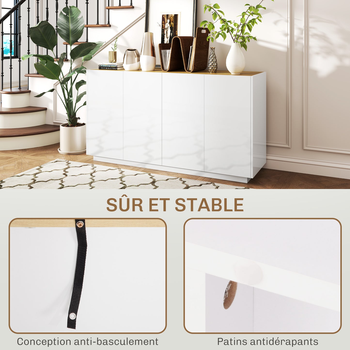 Buffetkastje – Opbergkast – Dressoir – Kast – Wandkast – Witte Lakafwerking – 4 Soft-Close Deuren – Verstelbare Planken – 140 x 40 x 75 cm