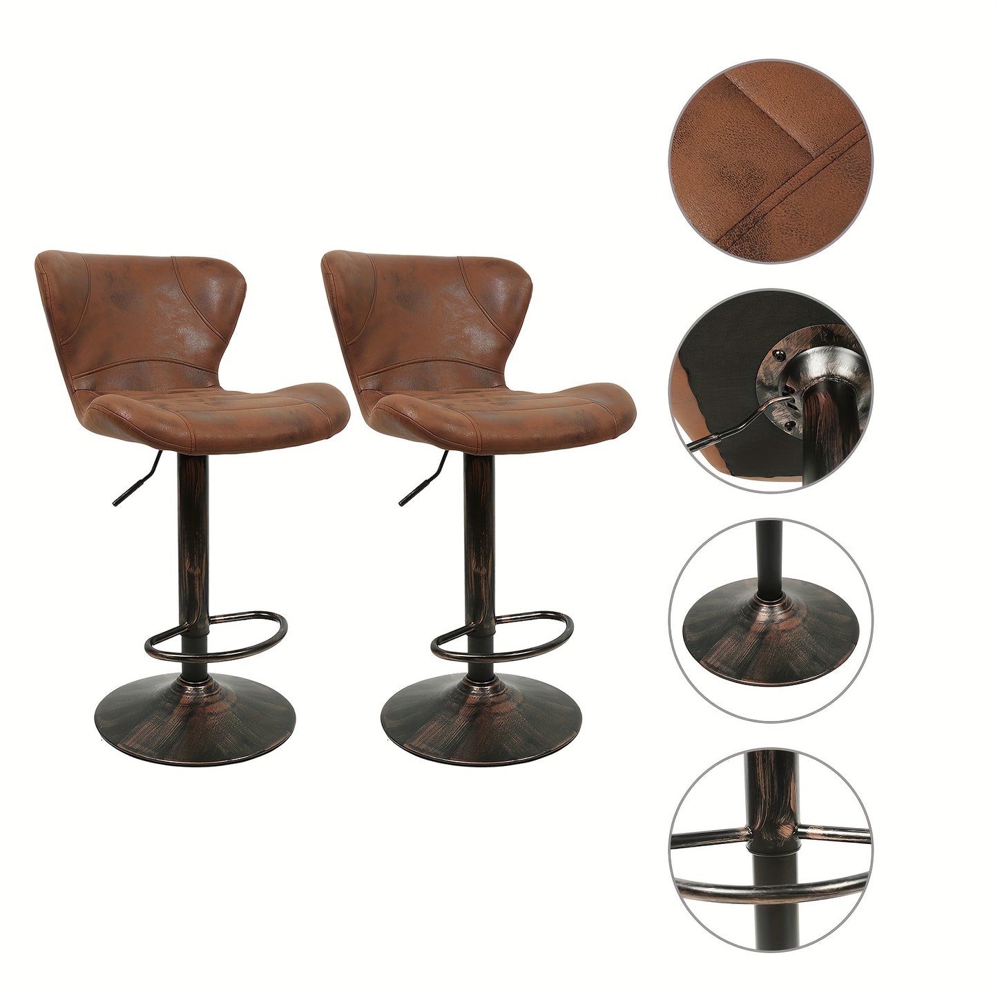 4pcs Vintage Brown Bar Stool, Swivel Bar Stool, 47.5*34*88-109cm, Faux Leather Vintage Swivel Bar Stool, Industrial Kitchen Bar Stool, Bar High Chair with Backrest, Height Adjustable, Kitchen Counter Stool, Home Bar Furniture