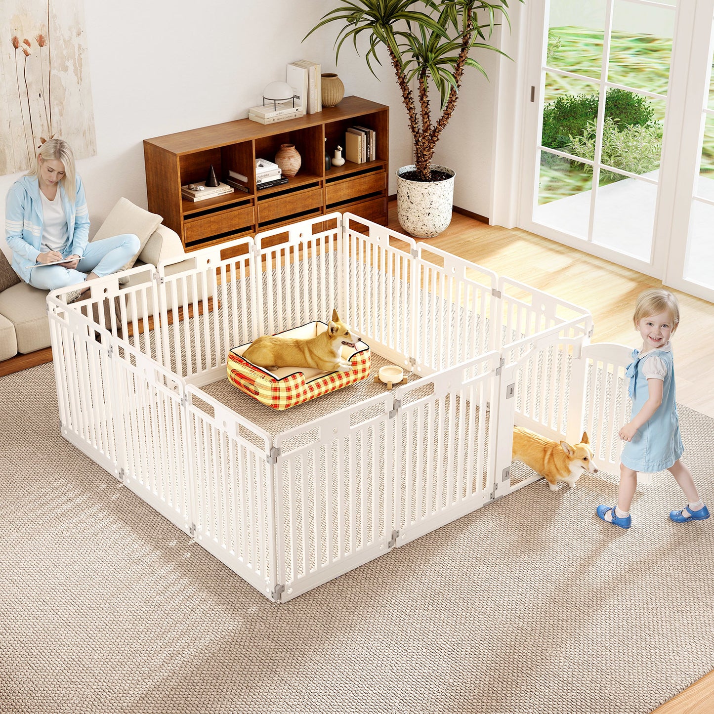 Hondenren – Hondenhek – Puppyren – Hondenspeeltuin – Hondomheining – 6 Panelen 81 cm Hoog – Vouwbaar & Draagbaar – Veilig Sluitbare Deur – Voor Binnen & Buiten – Wit – HDPE Materiaal