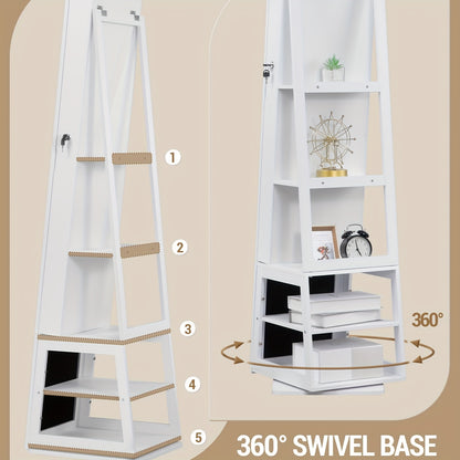 Sieradencabinet – Sieradenkast – Sieradenopberger – Make-up Organizer – Vloerspiegel Kast – Wit Beige – 360° Draaibare Spiegel – Afsluitbaar Met Sleutel