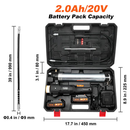 Vetspuit Draadloze Vetpomp Smeerpen Accu Vetspuit Elektrische Vetspuit – 20V 2.0Ah Accu – 10.000 PSI Druk – 125g/min Vetdoorvoer – Inclusief LED Licht & Draagkoffer – Zwart