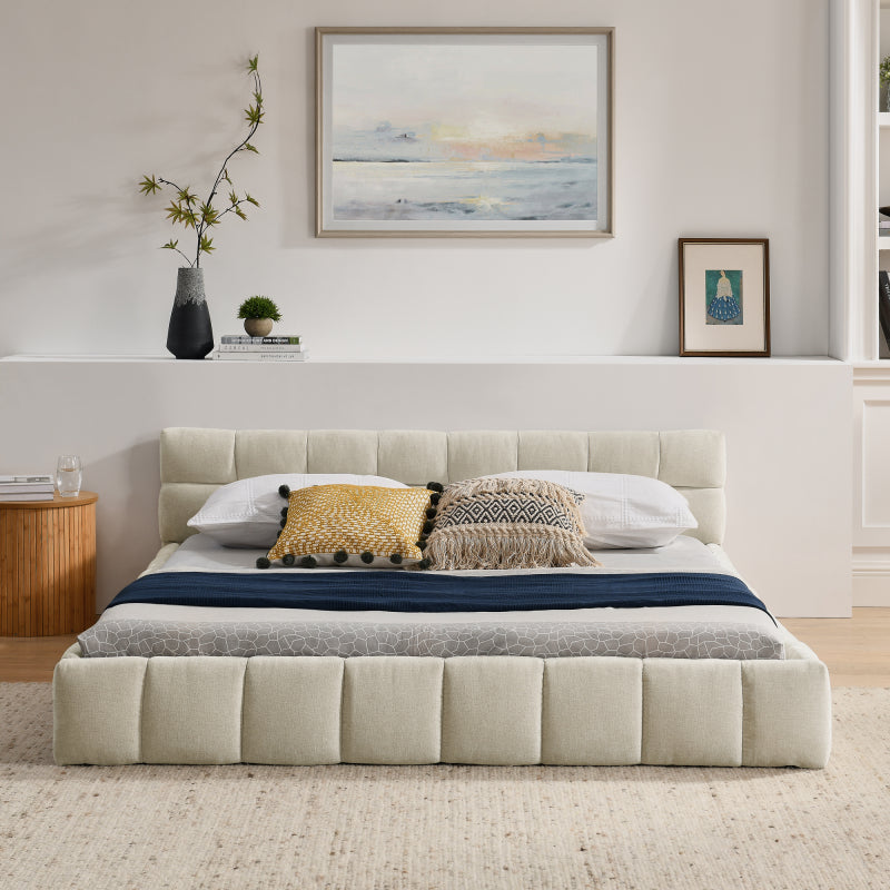 Tweepersoonsbed – 2-Persoonsbed – Bed – Slaapbed – Ledikant – Chenille Bekleding – 160x200 cm – Eucalyptus Houten Frame – Stabiel Metalen Onderstel – Beige – Modern Rustiek Design