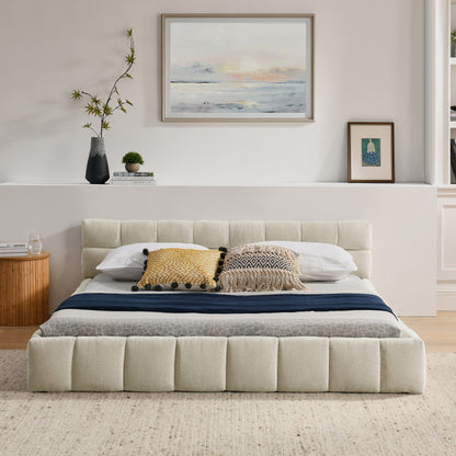 Tweepersoonsbed – 2-Persoonsbed – Bed – Slaapbed – Ledikant – Chenille Bekleding – 160x200 cm – Eucalyptus Houten Frame – Stabiel Metalen Onderstel – Beige – Modern Rustiek Design