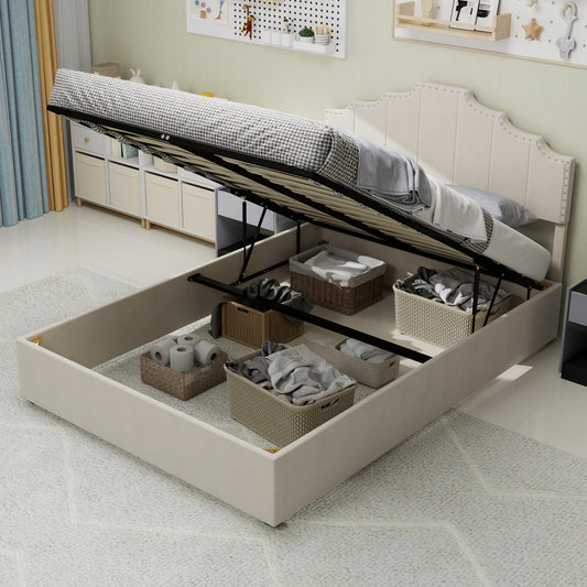 Bedframe – Bed – Tweepersoonsbed – Slaapbank – Platformbed – 160x200 cm – Zacht Stoffen Hoofdbord Met Memory Foam – Hydraulische Opbergruimte Vintage Stijl Beige
