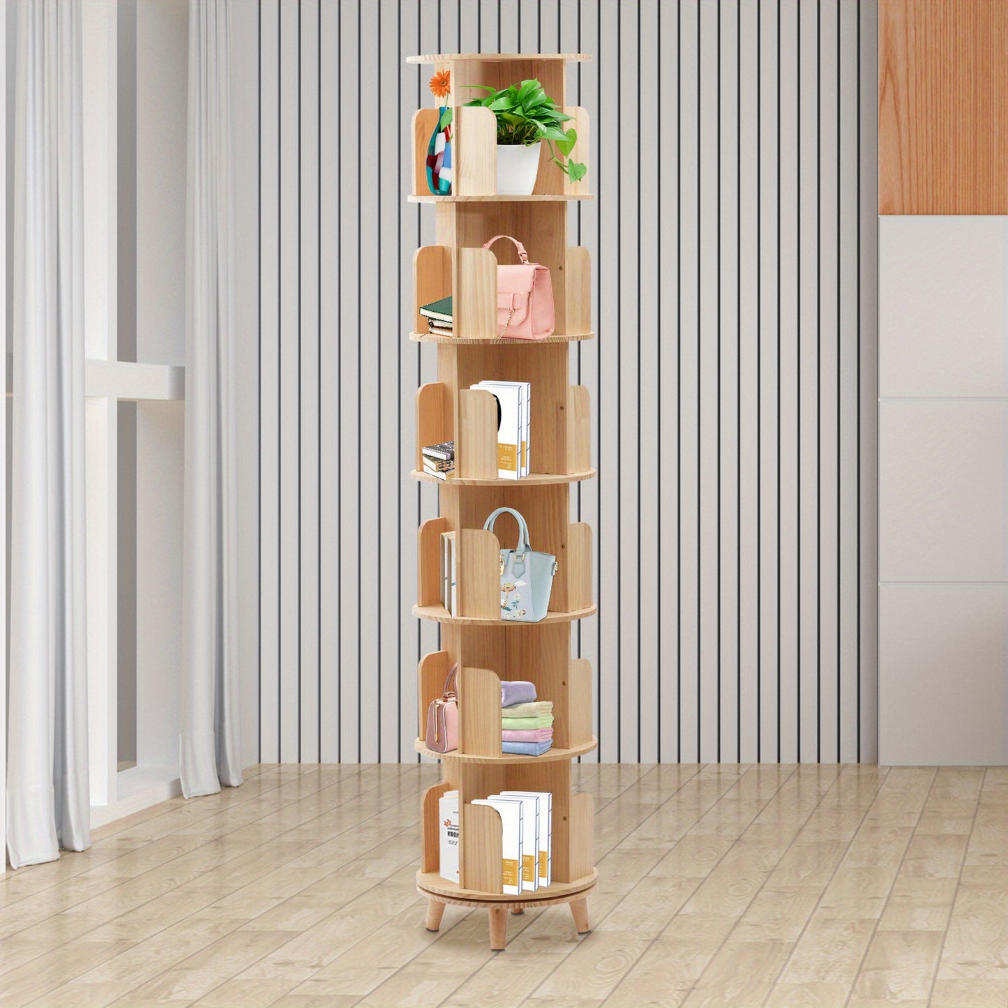 Boekenplank – Boekenrek – Boekenkast – Rotatieplank – Opbergmeubel – 6 Laags – 360° Draaibaar – Gemaakt Van Dennen- En Beukenhout – Compact Design 45 cm Diameter