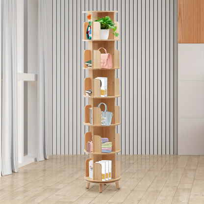 Boekenplank – Boekenrek – Boekenkast – Rotatieplank – Opbergmeubel – 6 Laags – 360° Draaibaar – Gemaakt Van Dennen- En Beukenhout – Compact Design 45 cm Diameter