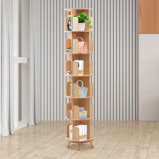 Boekenplank – Boekenrek – Boekenkast – Rotatieplank – Opbergmeubel – 6 Laags – 360° Draaibaar – Gemaakt Van Dennen- En Beukenhout – Compact Design 45 cm Diameter