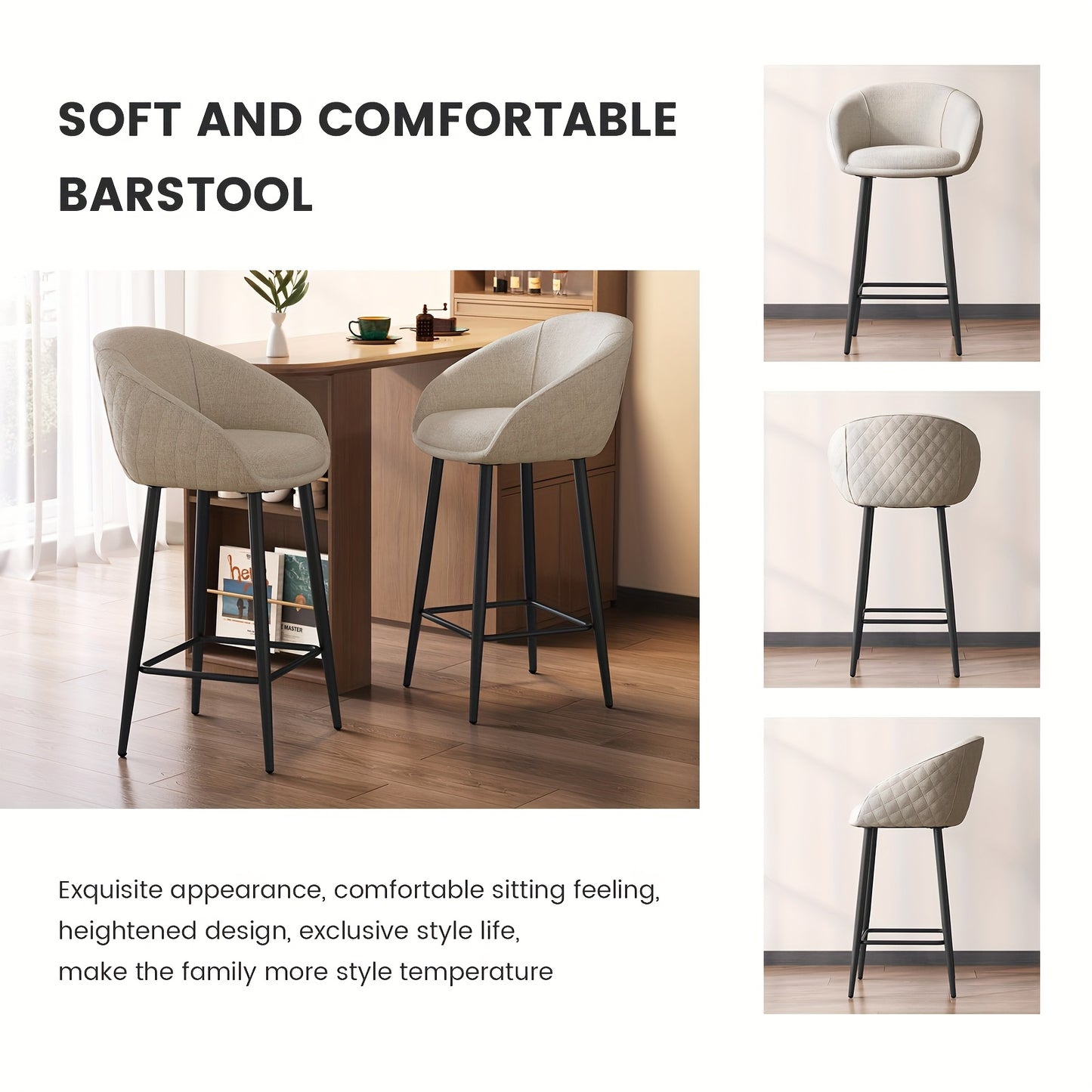 Barkrukken – Barkruk Set – Barstoel – Keukenkruk – Counterkruk – Set Van 2 – Stevige Constructie – Comfortabele Gevoerde Zitting – Lichtbeige Armlos – Minimalistisch Design