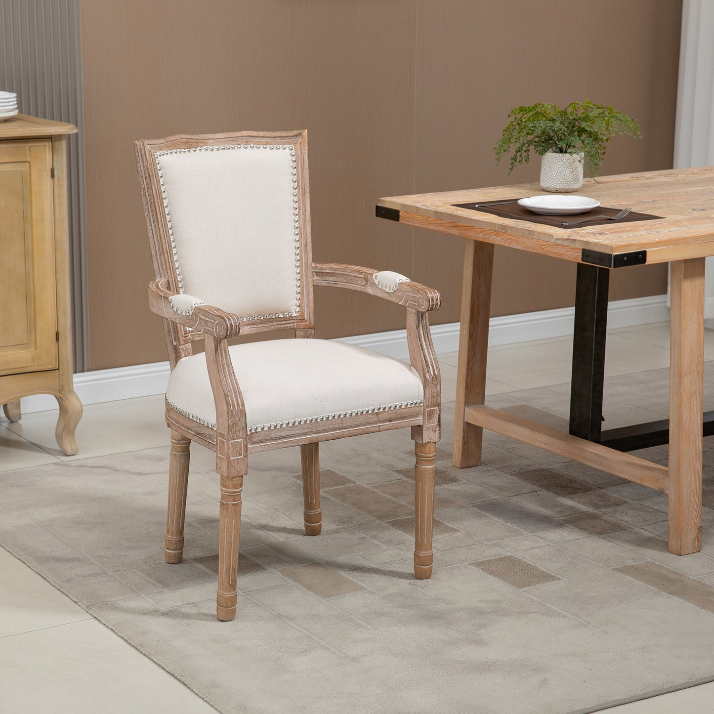 Eetkamerstoel – Keukenstoel – Stoel – Landelijke Stoel – Frans Landhuisstijl – Rubberen Houten Frame – Crèmewit – 59 x 63,5 x 96 cm – Verstelbare Stoelvoeten – Draagvermogen 150 kg