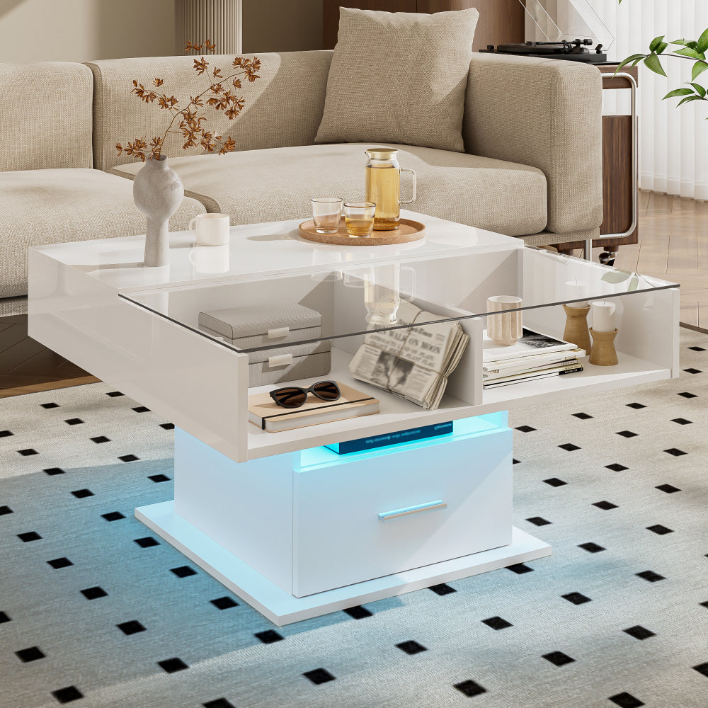 Moderne Salontafel – Lift-Top Tafel – Verstelbare Koffietafel – Opbergbank – Witte Hoogglans Tafel – Ruimtebesparend Ontwerp – Verstelbare Hoogte en Duurzaam Mechanisme