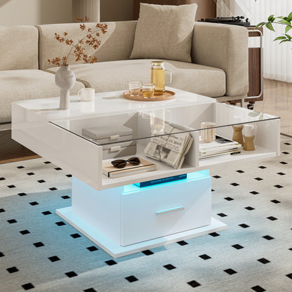 Moderne Salontafel – Lift-Top Tafel – Verstelbare Koffietafel – Opbergbank – Witte Hoogglans Tafel – Ruimtebesparend Ontwerp – Verstelbare Hoogte en Duurzaam Mechanisme
