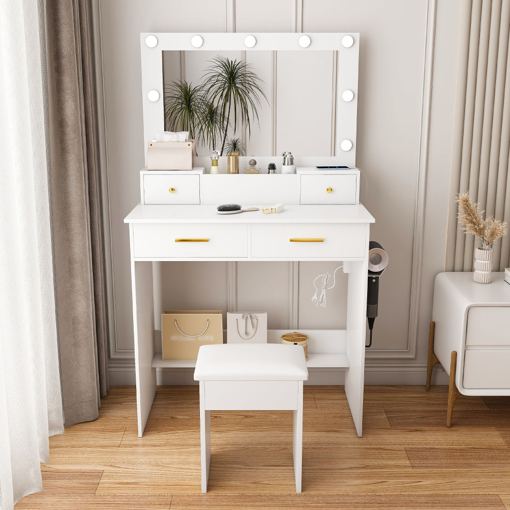 Kaptafel – Make-up Tafel – Toilettafel – Vanity Unit – Dressing Table – Wit – Inclusief Zacht Gevoerde Kruk – 4 Lades Met Opbergbak