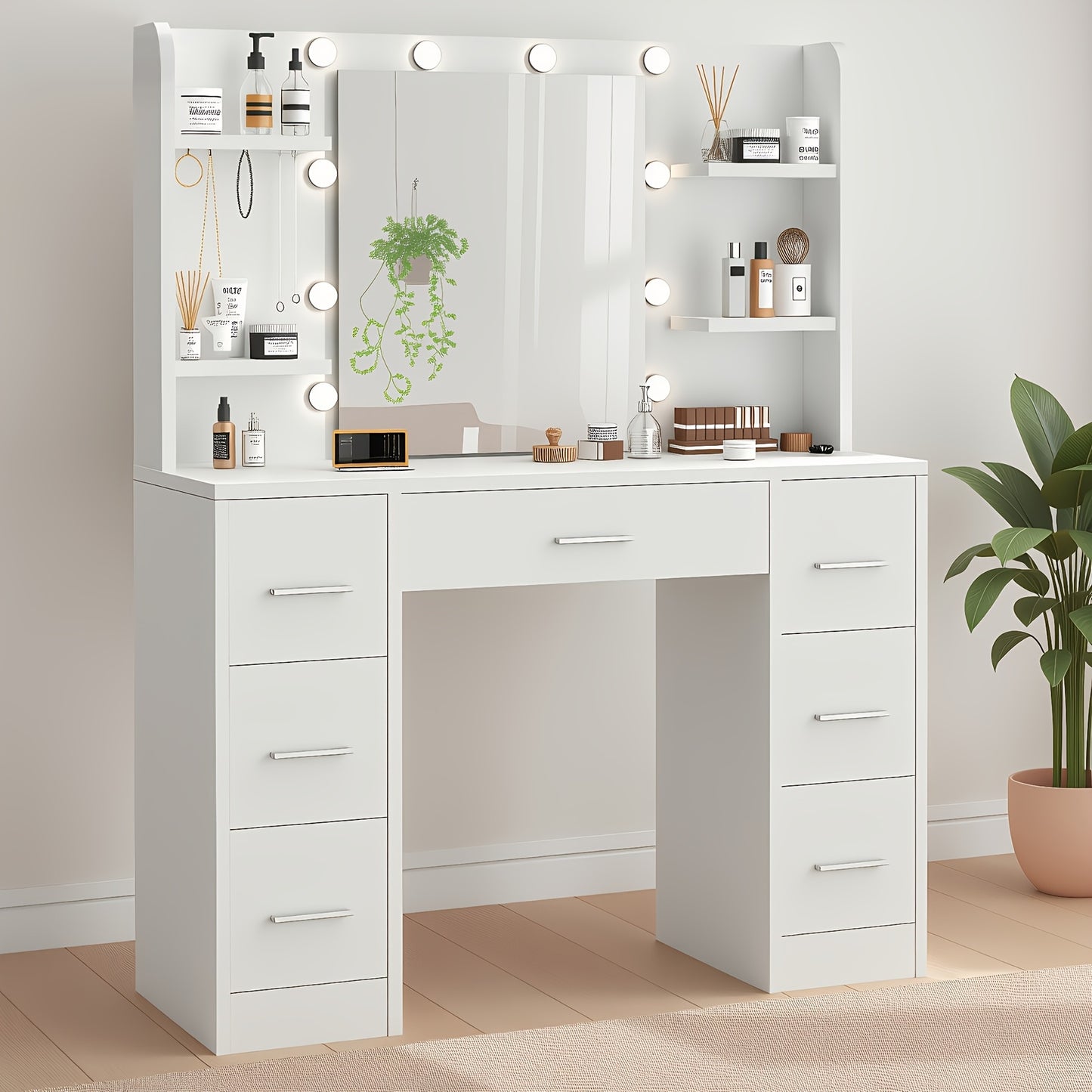 Make-up tafel – Kaptafel – Make-up tafel met LED – Schoonheidstafel – Make-up bureau – 10 instelbare LED-lampen – USB gevoed, compact formaat