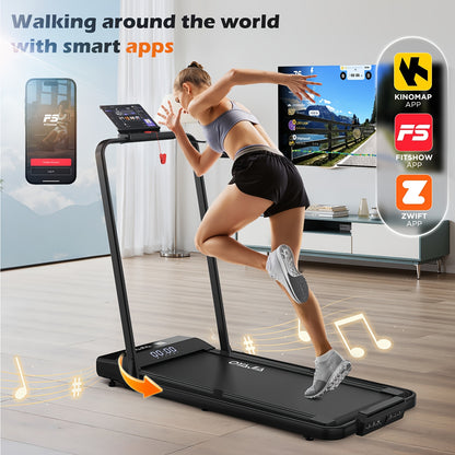 4-In-1 Collapsible Treadmill | 12 Predefined Workouts | 0.75HP Quiet Motor | LCD Screen Featuring 3/6 Quick Speed Buttons | APP + Remote + Control Panel for Triple Operation | Integrated Music Speakers | 120KG Weight Limit Co
