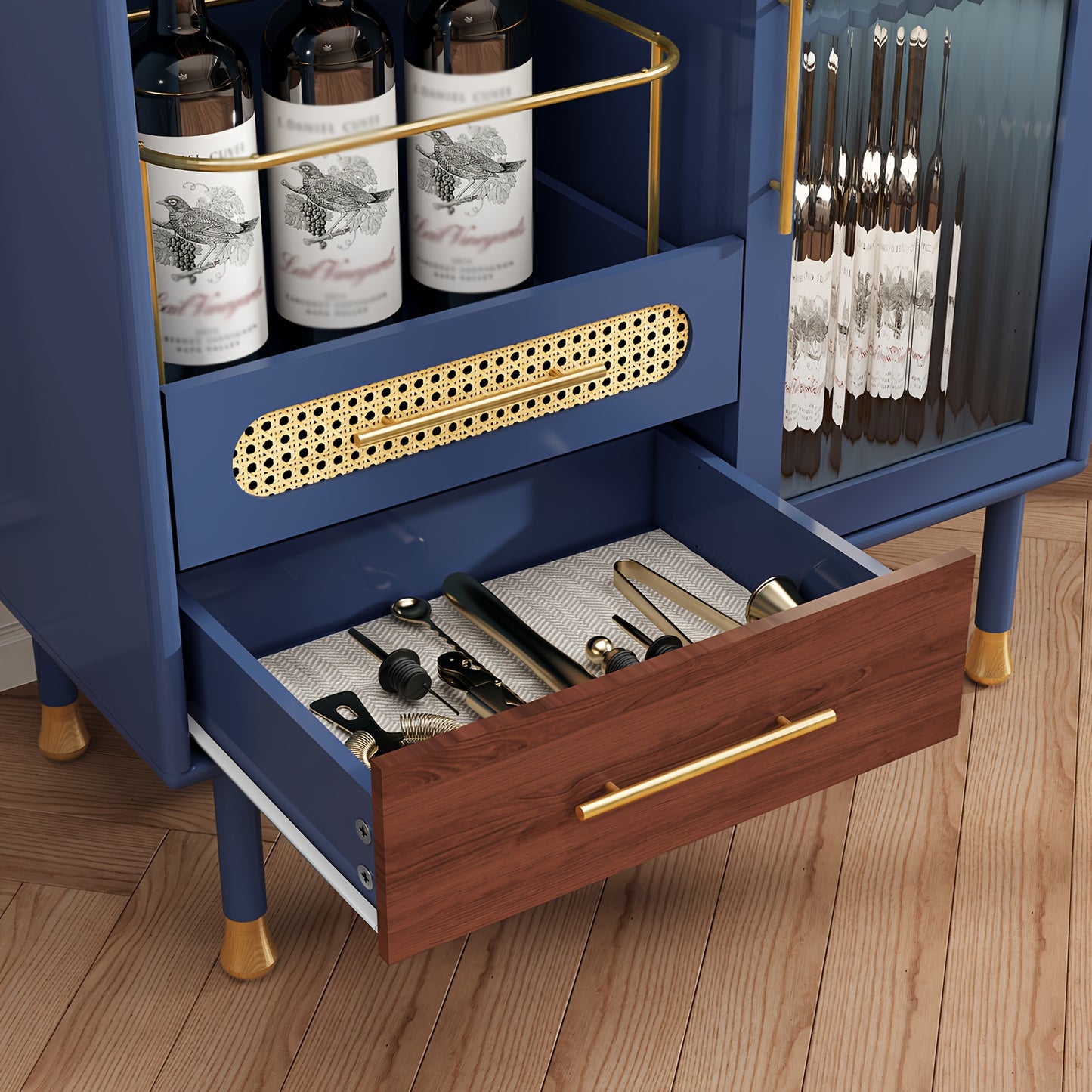 Wijnkast – Dressoir – Sidetable – Opbergmeubel – Vintage Sideboard – Blauw – Hoogwaardige MDF Constructie – Met Deur, Lades En Wijnrek