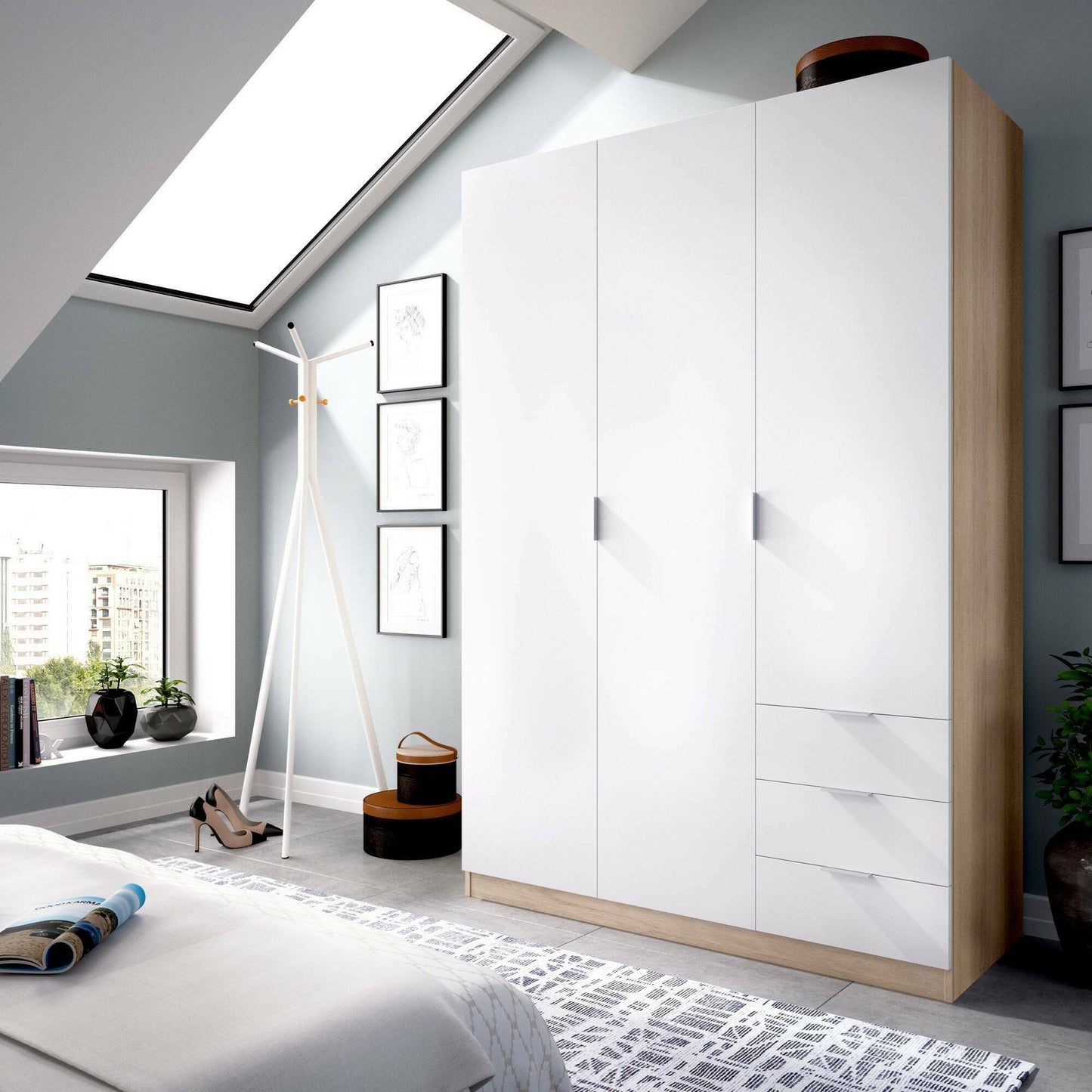 Wardrobe 3 Doors in Front of Astru, Mobile Hangers for Bedroom, 3-Drawer Wardrobe, 121X52H184 Cm, Available in 3 Colors