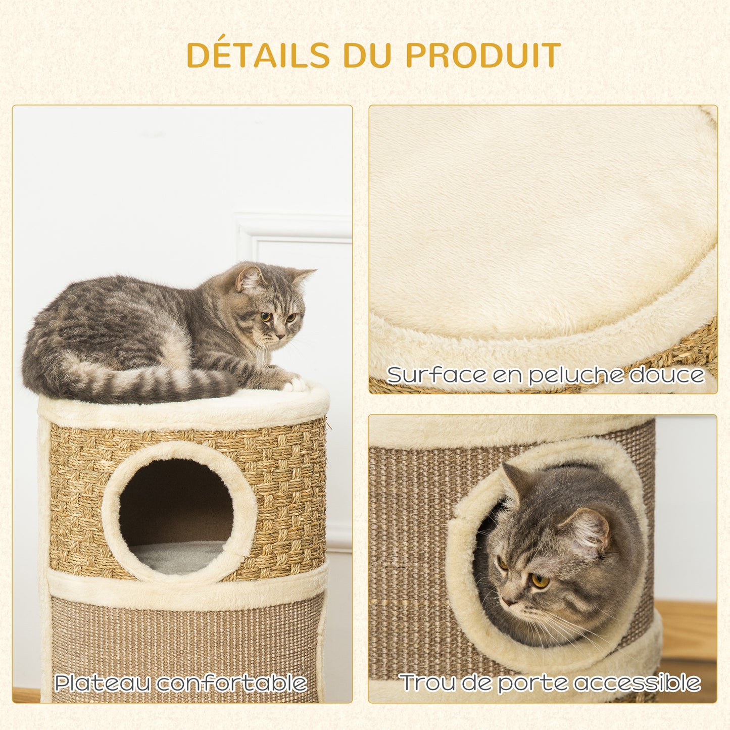 Krabton Kat – Krabpaal Kattenboom – Kattenmeubel Krabpaal – Kattenhuis Klimeiland – Kraboppervlak Sisal – Twee Verdiepingen – Zacht Pluche – Compact 70x37,5x37,5 cm – Khaki Bruin