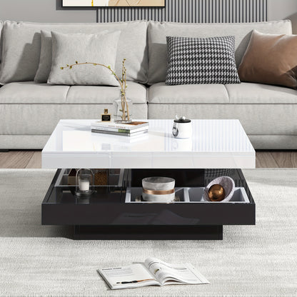 Salontafel – Woonkamertafel – Koffietafel – Bijzettafel – Draaibare Tafel – Hoogglans Wit – Zwart Frame – 360° Draaibaar – 2-Niveaus Opbergruimte 70x70x36 cm