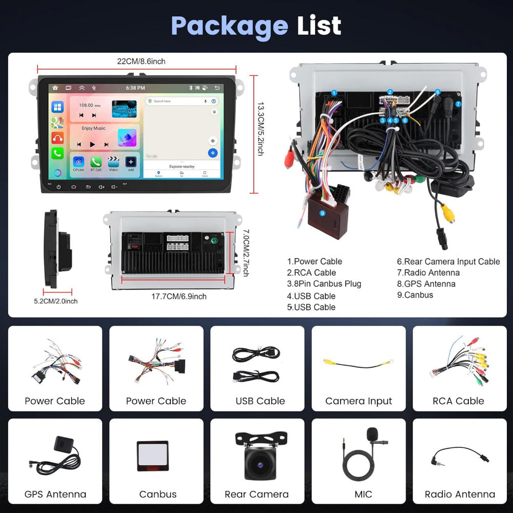 Autoradio – Auto Radio – Multimedia Speler – 1 DIN – Android Autoradio – 9 Inch Touchscreen – 6GB RAM 128GB Opslag – Draadloos CarPlay & Android Auto – Achteruitrijcamera & Microfoon