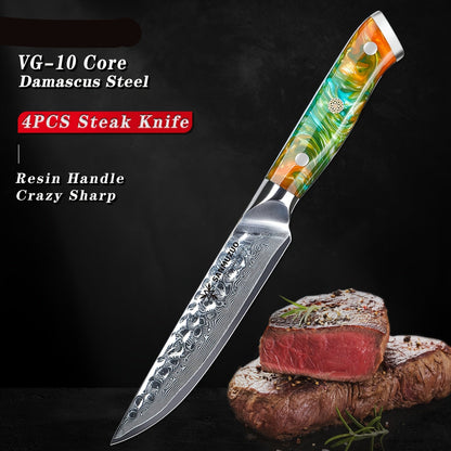 Steakmes – Steakmessen – Keukenmes – Vleesmessen – Set Van 4 – VG10 Damascus Staal – 12,7 cm Lemmet