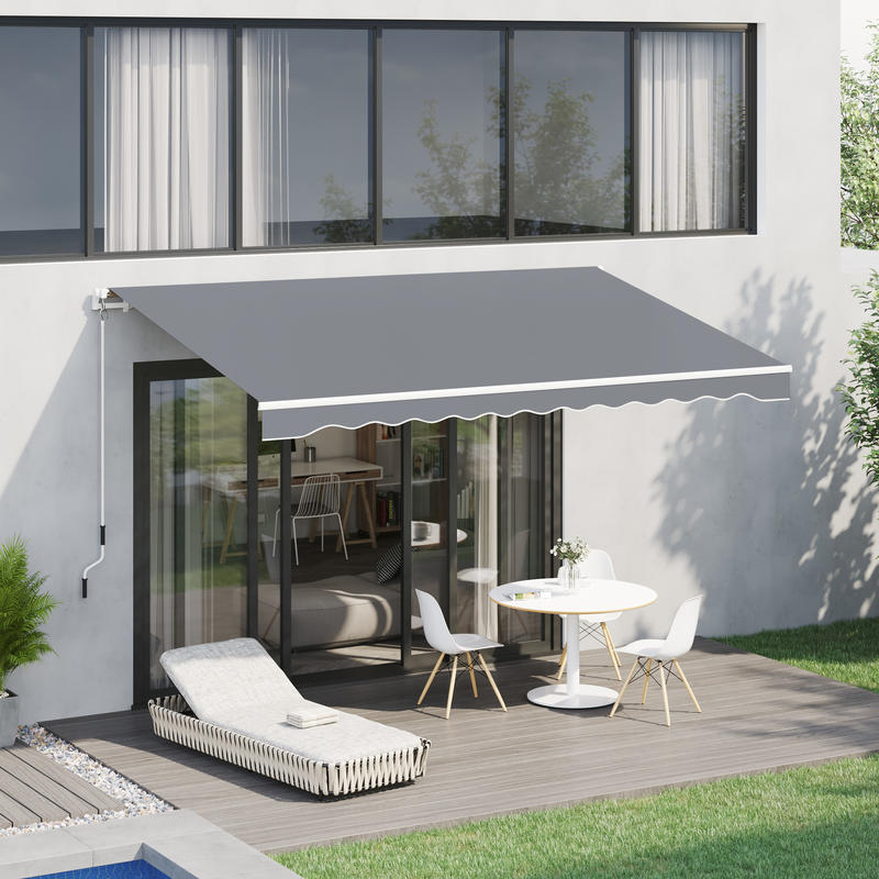Awning, 3.95 x 2.45m, sun protection, retractable, with hand crank, metal frame, polyester, grey/ white, Outdoor Shade, Backyard Shelter, Sleek Shade, Retractable Awning, Reinforced Frame, Weatherresistant Fabric, Retractable