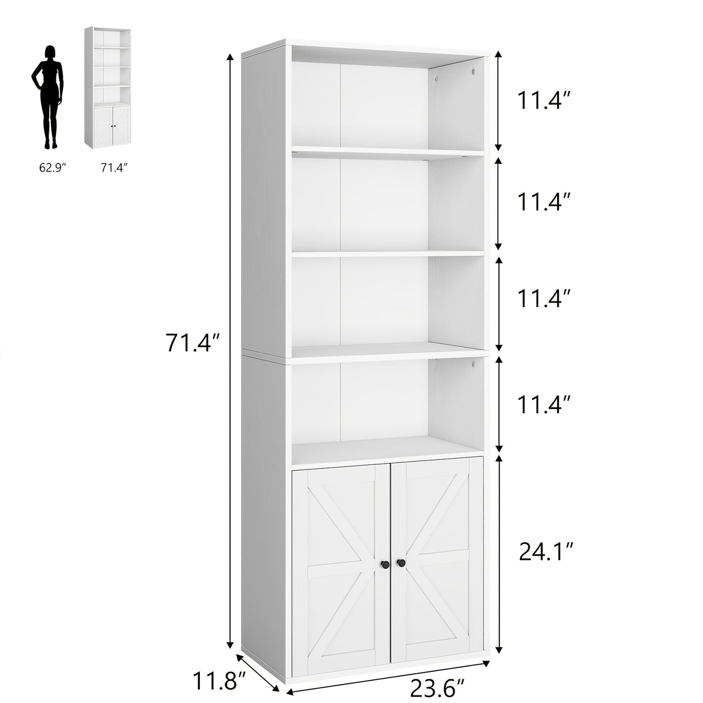 Industrial Farmhouse Bookcase with Doors - Extra Tall 181.36cm Tall Bookshelf, Heavy-Duty Hardwood Construction, No Assembly Needed, Modern Farmhouse Storage Cabinet with Doors for Living Room, Home Office, Bedroom - Space-Sa