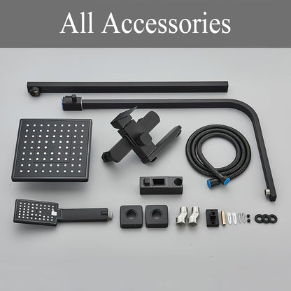 Luxurious Matte Black Rainfall Shower System Kit - 20.32 cm Square Rain Shower Head & Handheld Spray With Adjustable Height Brass Holder, Free Hose, 3-Function Retrofit Set For A Premium Bathroom Experience, Shower Accessorie