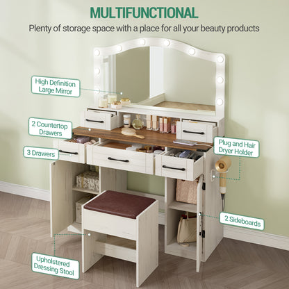 Kaptafel – Make-uptafel – Beautytafel – Schoonheidstafel – Toiletmeubel – Rustiek Bruin-Wit – Led-Verlichting Met 3 Lichtstanden – 5 Lades + 2 Kastdeuren Met Haardrogerhouder