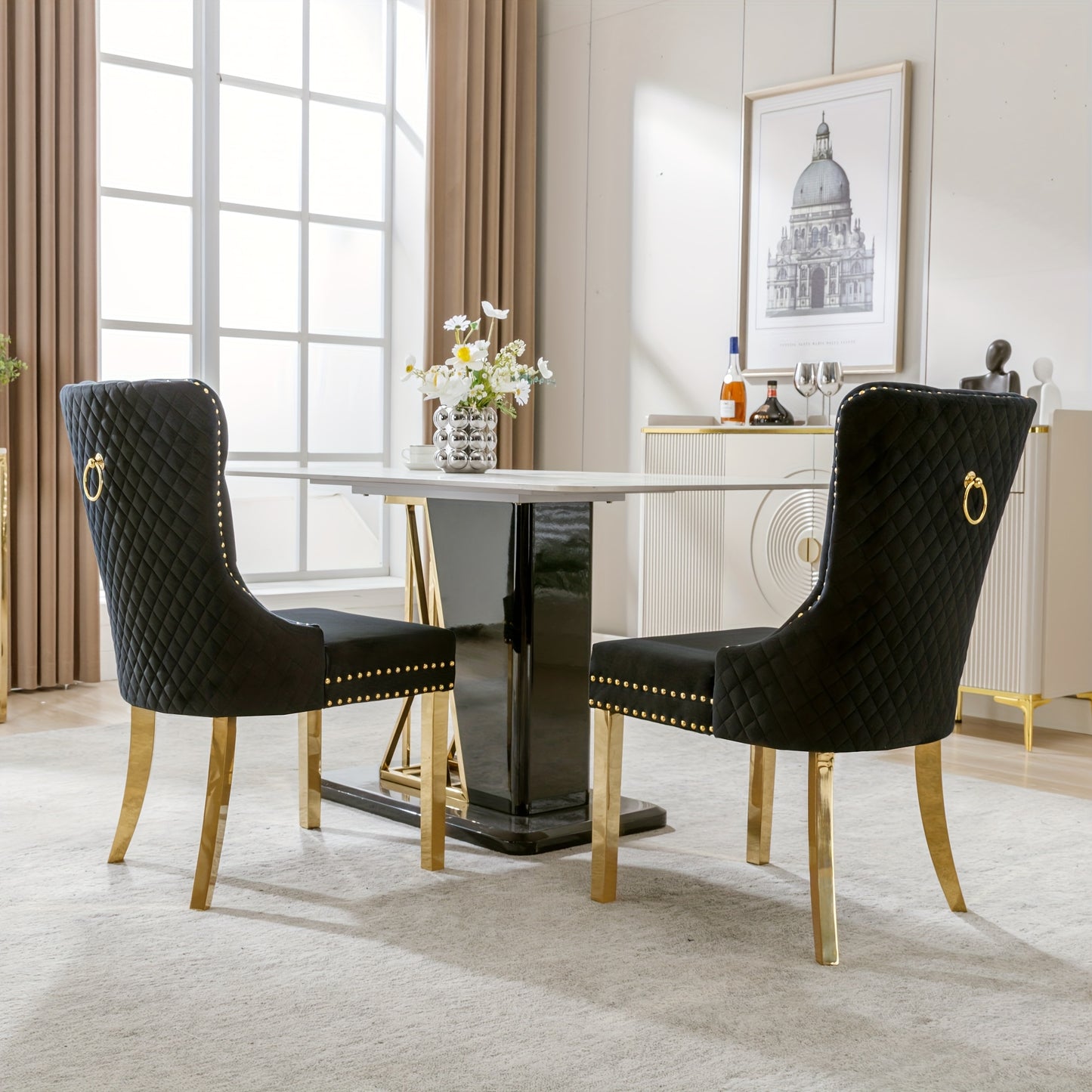 2pcs Elegant Dining Chairs with Golden-Tone Nailhead Trim & Golden-Plated Stainless Steel Legs - Upholstered Backrest, Round Pulls, Classic Modern Design