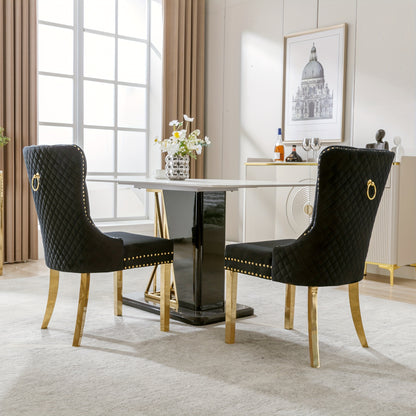 2pcs Elegant Dining Chairs with Golden-Tone Nailhead Trim & Golden-Plated Stainless Steel Legs - Upholstered Backrest, Round Pulls, Classic Modern Design